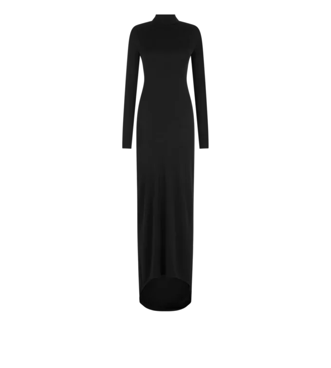 Asymmetrische avondjurk met lange mouwen en gedraaide rug Asymmetrische avondjurk met lange mouwen en gedraaide rug