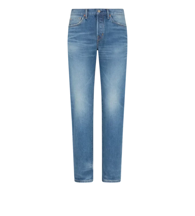 Blauwe stretch straight fit selvedge denim