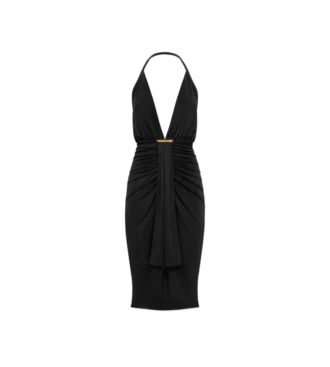 Cocktailjurk met V-hals en gedrapeerd watervaldetail aan de voorkant