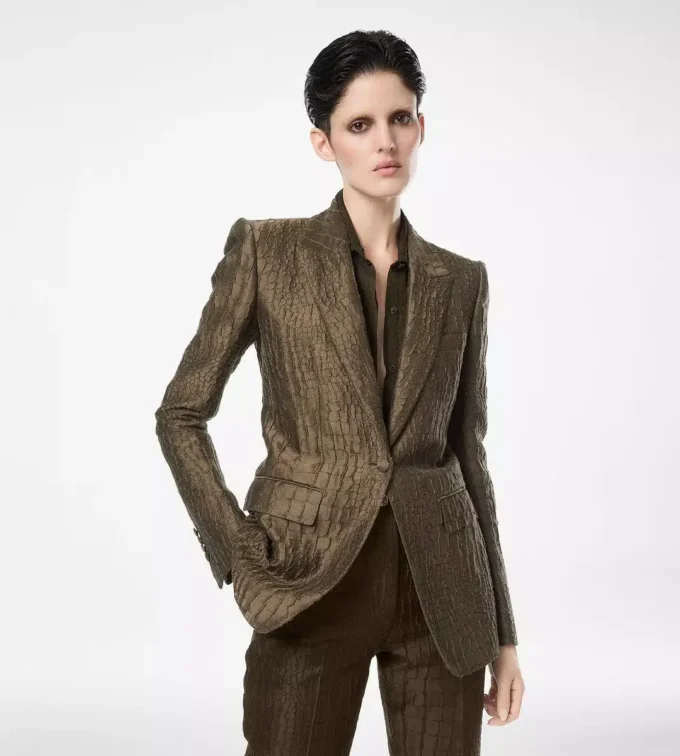 Croco Jacquard jasje met enkele rij knopen en revers Croco Jacquard jasje met enkele rij knopen en revers