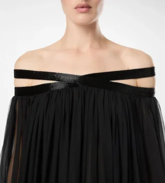 Geborduurde zijden chiffon off-shoulder avondjurk