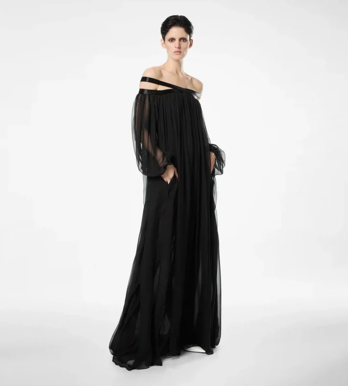 Geborduurde zijden chiffon off-shoulder avondjurk Geborduurde zijden chiffon off-shoulder avondjurk