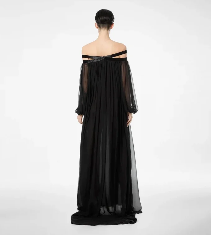 Geborduurde zijden chiffon off-shoulder avondjurk Geborduurde zijden chiffon off-shoulder avondjurk