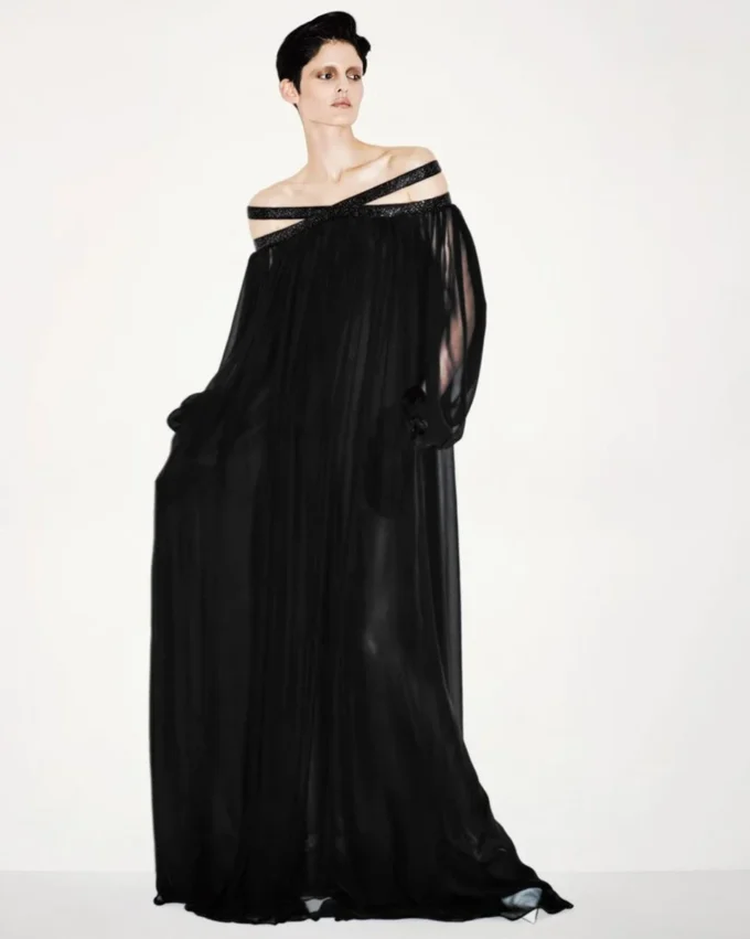Geborduurde zijden chiffon off-shoulder avondjurk Geborduurde zijden chiffon off-shoulder avondjurk