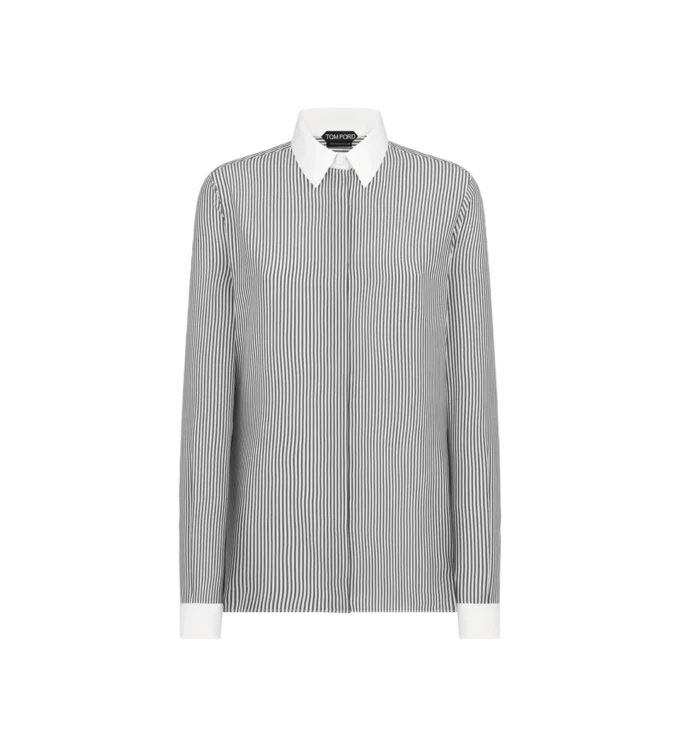 Gestreepte zijden blouse met contrasterende details Gestreepte zijden blouse met contrasterende details