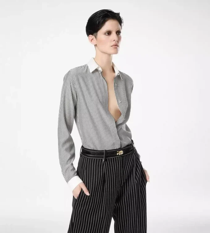 Gestreepte zijden blouse met contrasterende details Gestreepte zijden blouse met contrasterende details