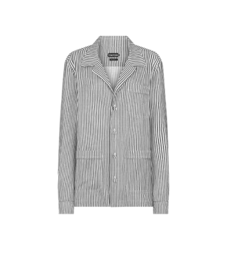 Gestreepte zijden pyjamashirt met biezen en geborduurd logo in dezelfde kleur