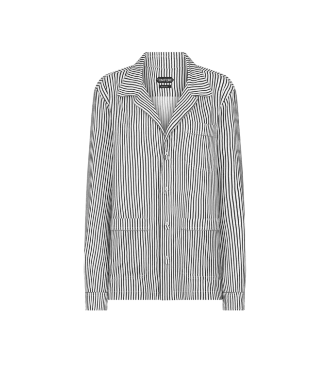 Gestreepte zijden pyjamashirt met biezen en geborduurd logo in dezelfde kleur Gestreepte zijden pyjamashirt met biezen en geborduurd logo in dezelfde kleur