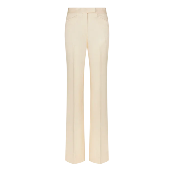 Glanzende Barathea zijden wollen getailleerde smokingbroek met wijde pijpen Glanzende Barathea zijden wollen getailleerde smokingbroek met wijde pijpen
