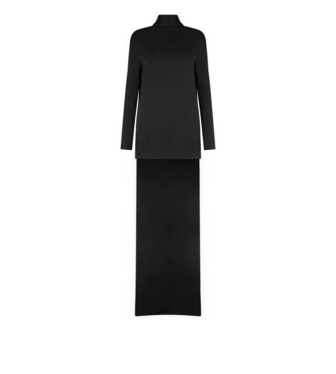 Glanzende crêpe cocktailjurk met hoge hals Glanzende crêpe cocktailjurk met hoge hals