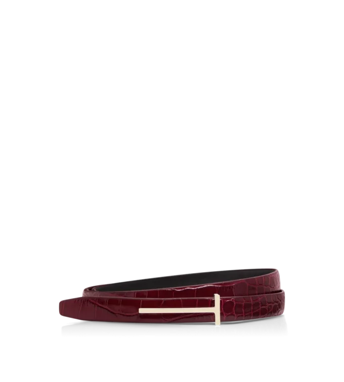 Glanzende, gestempelde krokodillenleren slanke T-riem