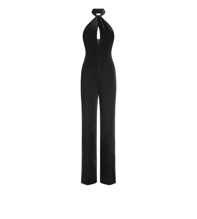 Halternek jumpsuit met gedraaide voorkant van fluweel Halternek jumpsuit met gedraaide voorkant van fluweel