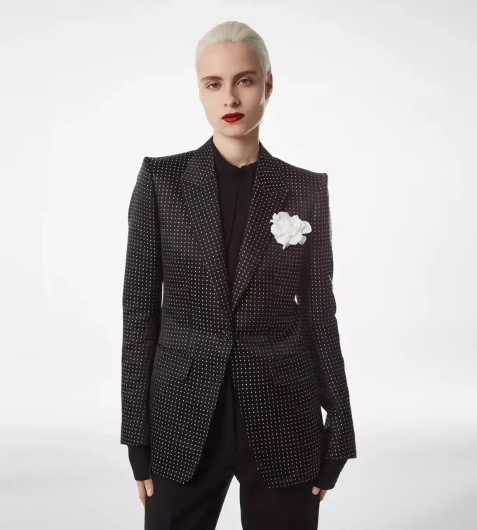 Jacquard polkadot duchesse jasje met enkele rij knopen Jacquard polkadot duchesse jasje met enkele rij knopen