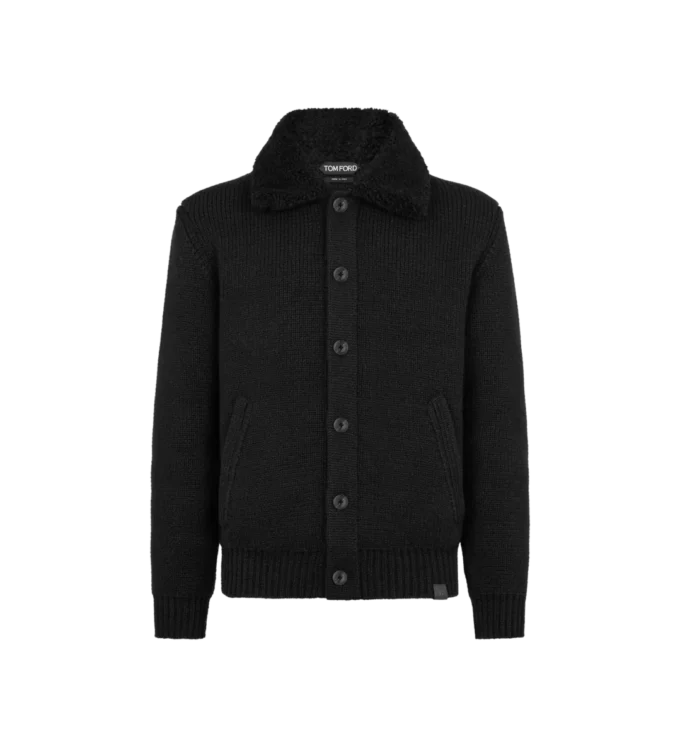 Kasjmier vest met schapenvachtkraag Kasjmier vest met schapenvachtkraag
