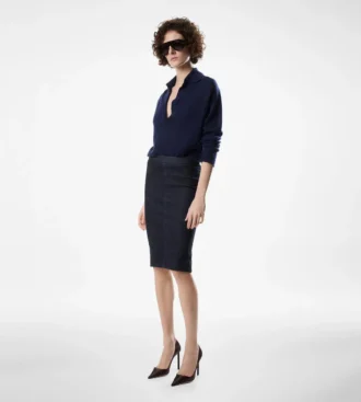 Knie-lange getailleerde denim rok
