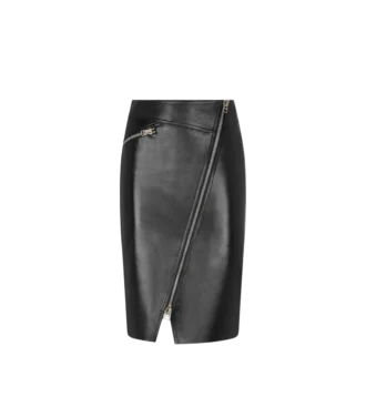 Knie-lange leren rok met diagonale ritssluiting