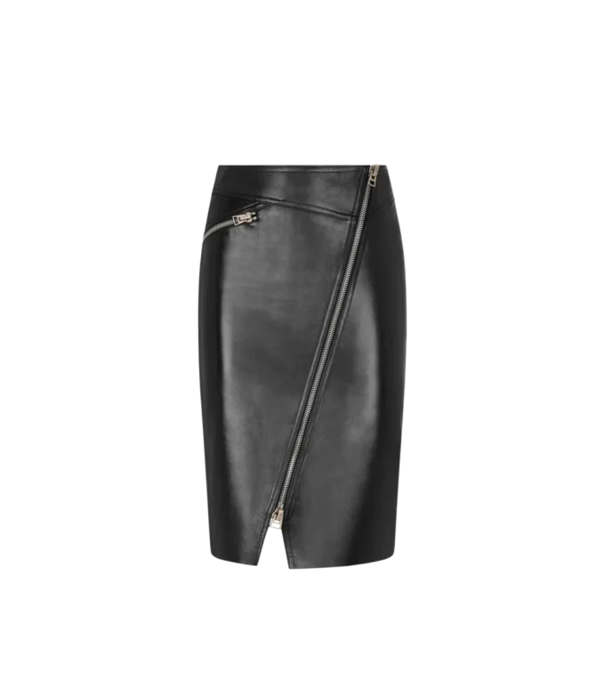 Knie-lange leren rok met diagonale ritssluiting Knie-lange leren rok met diagonale ritssluiting
