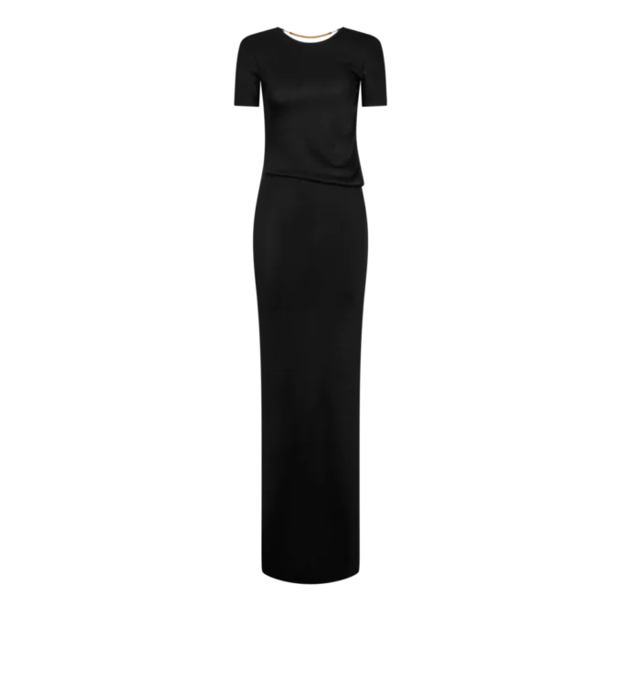 Lange jurk met uitsnijding en ketting sluiting Lange jurk met uitsnijding en ketting sluiting