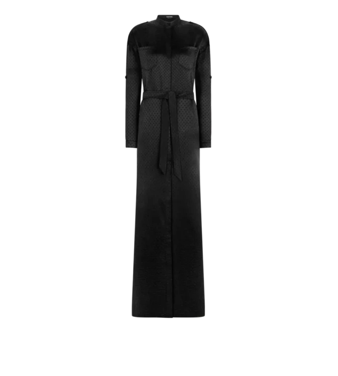 Lange militaire jurk met riem en polkadotjacquard Lange militaire jurk met riem en polkadotjacquard