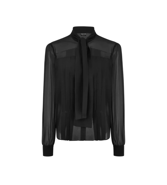 Lavalliere-blouse met lange mouwen en plisségroef