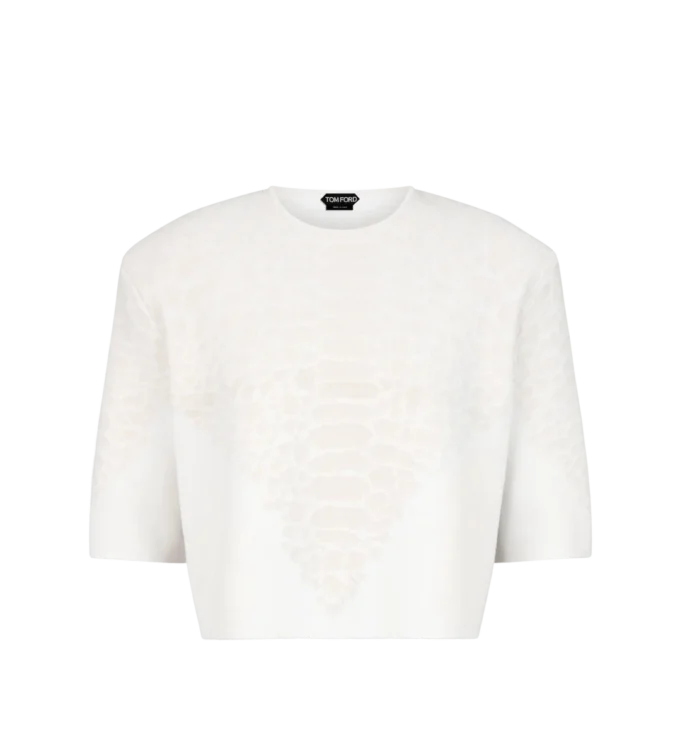Merino kasjmier T-shirt met ronde hals en zijden chenille reliëf met pythonmotief Merino kasjmier T-shirt met ronde hals en zijden chenille reliëf met pythonmotief