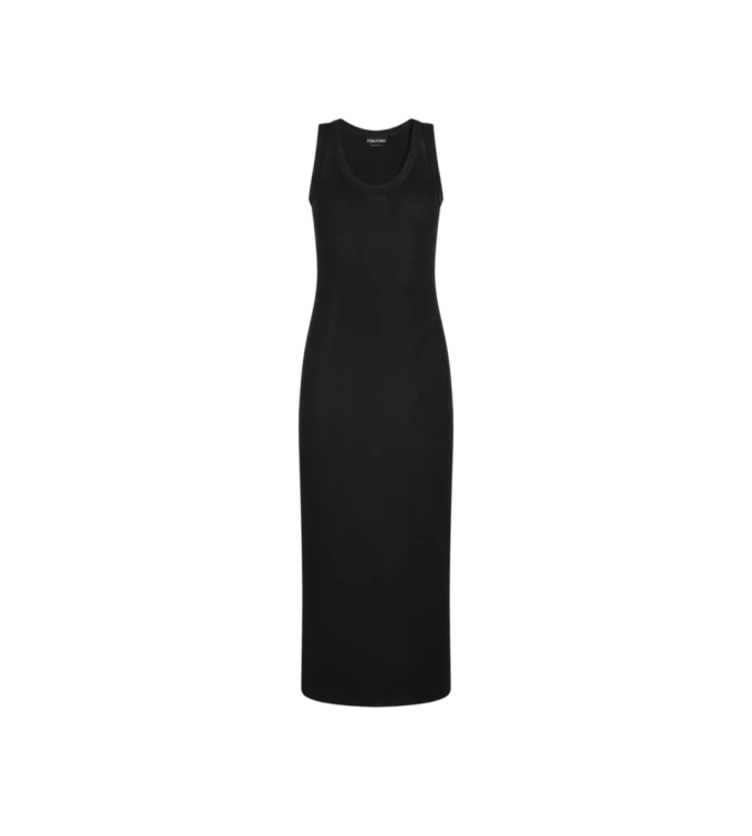Middenlange tanktopjurk met ribstof en micropailletten Middenlange tanktopjurk met ribstof en micropailletten