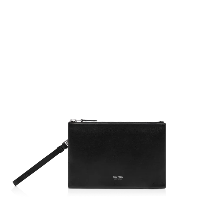 Minimalistische slanke tas van generfd leer met polsbandje