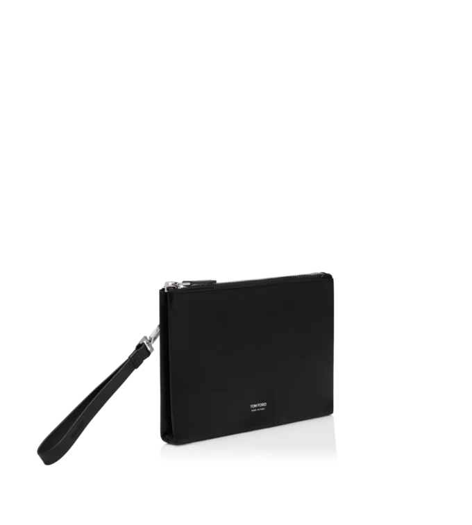 Minimalistische slanke tas van generfd leer met polsbandje