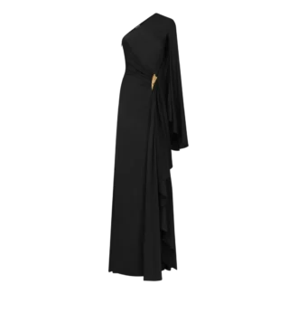 One-shoulder avondjurk met cape en Liza-hardware details