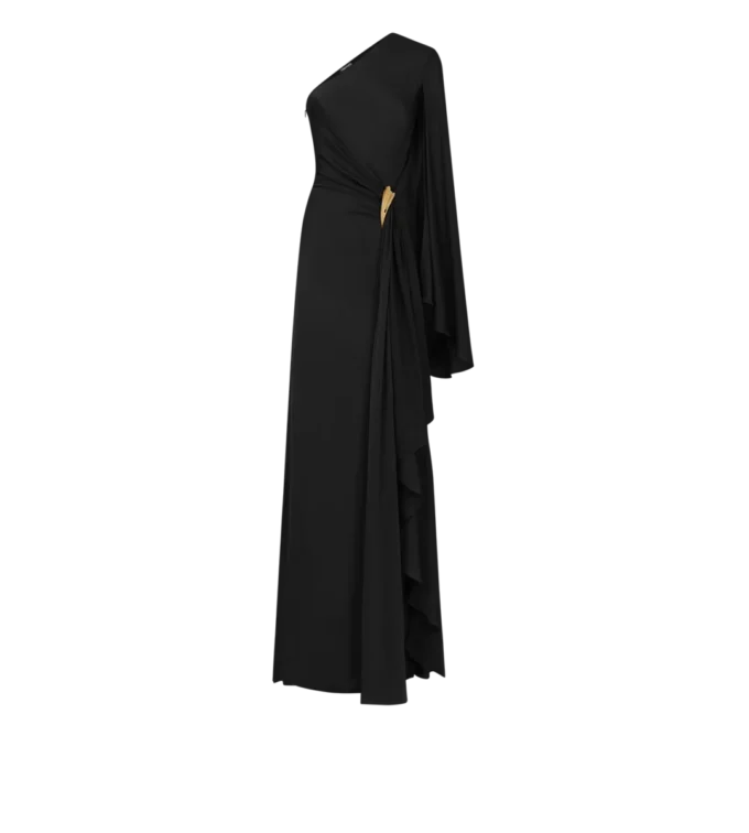 One-shoulder avondjurk met cape en Liza-hardware details One-shoulder avondjurk met cape en Liza-hardware details