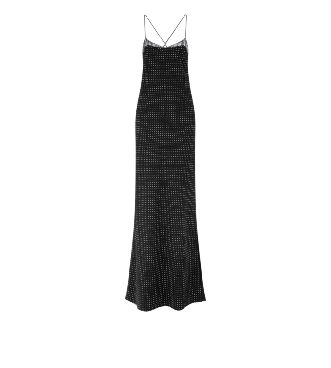 Polka Dot zijden crêpe camisole avondjurk met kanten details Polka Dot zijden crêpe camisole avondjurk met kanten details
