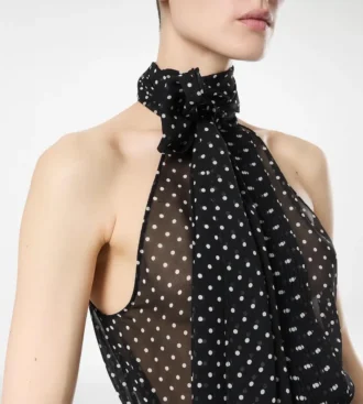 Polka Dot zijden georgette haltertop met lavallière en plissé detail