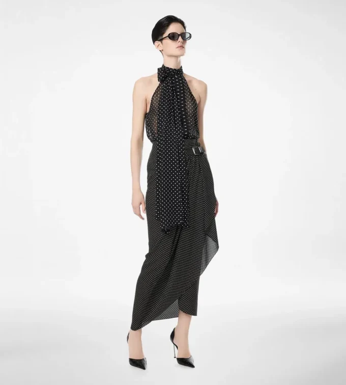 Polkadot zijden sabel wikkelrok met lederen details Polkadot zijden sabel wikkelrok met lederen details