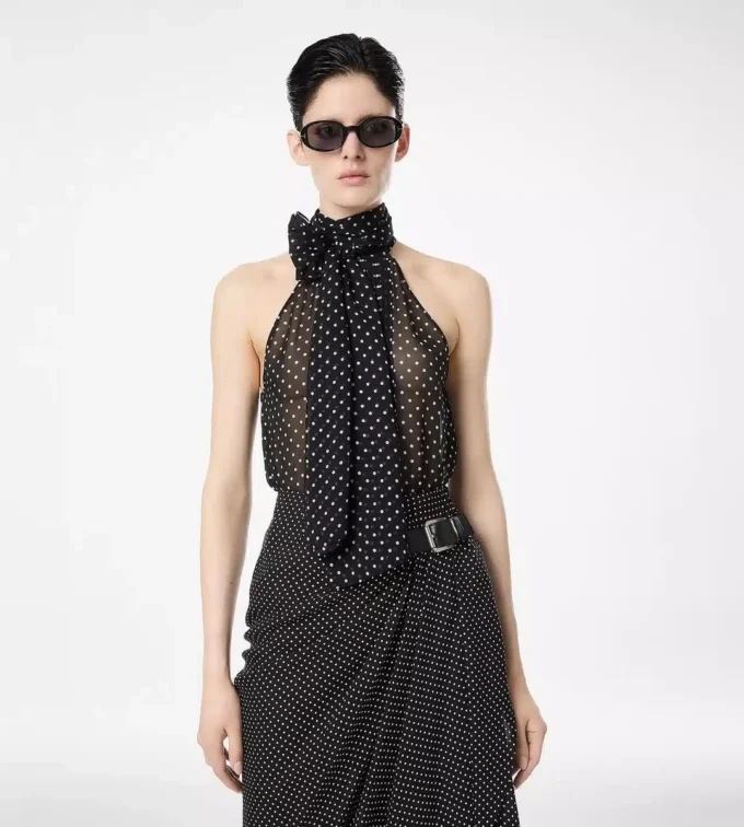 Polka Dot zijden georgette haltertop met lavallière en plissé detail