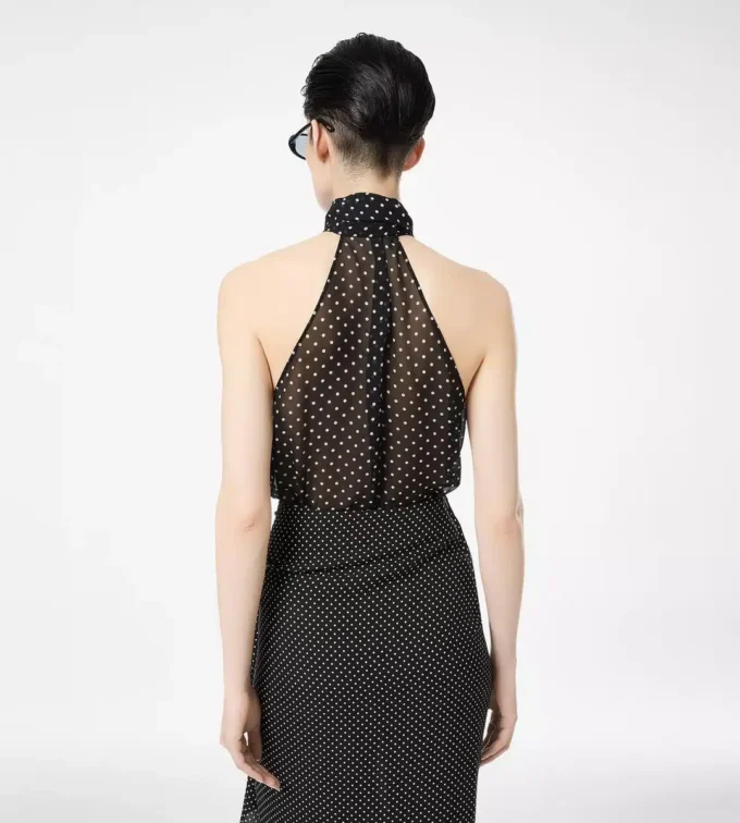 Polka Dot zijden georgette haltertop met lavallière en plissé detail