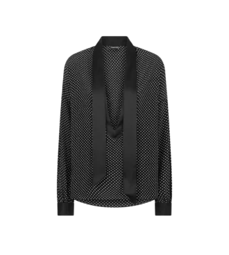 Polkadot zijden crêpe de chine lavallière tuniek met smokingdetails