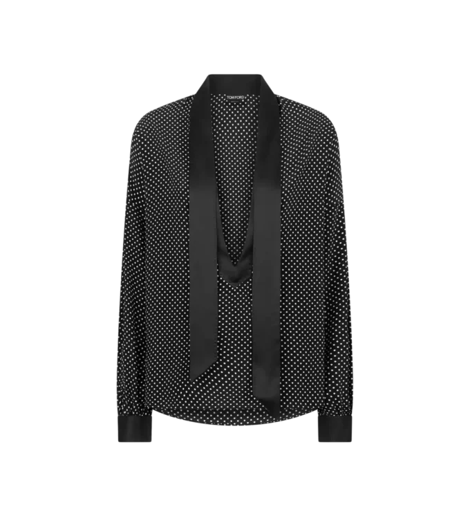 Polkadot zijden crêpe de chine lavallière tuniek met smokingdetails
