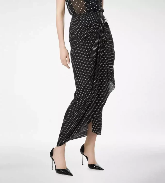 Polkadot zijden sabel wikkelrok met lederen details Polkadot zijden sabel wikkelrok met lederen details