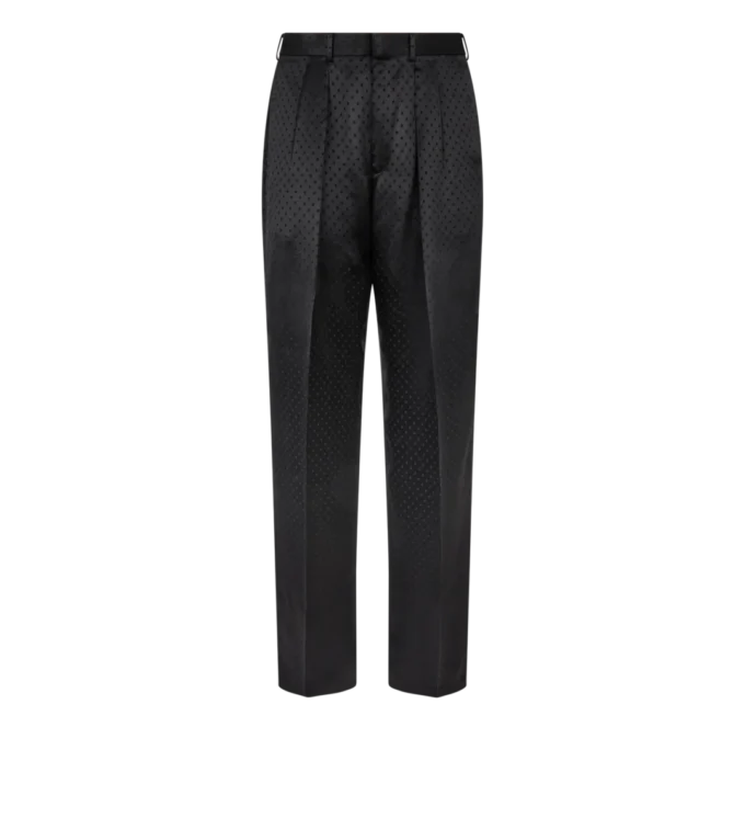 Satijnen broek met dubbele plooien en polkadotjacquard