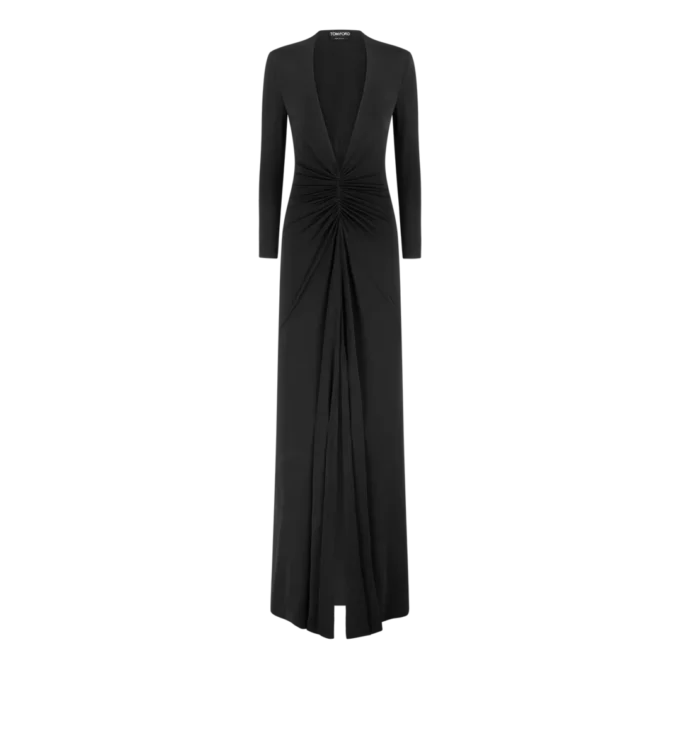 Stretch Sable’ Jersey avondjurk met diepe V-hals