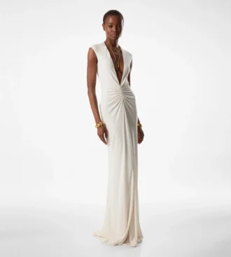 Stretch Sable’ Jersey avondjurk met diepe V-hals
