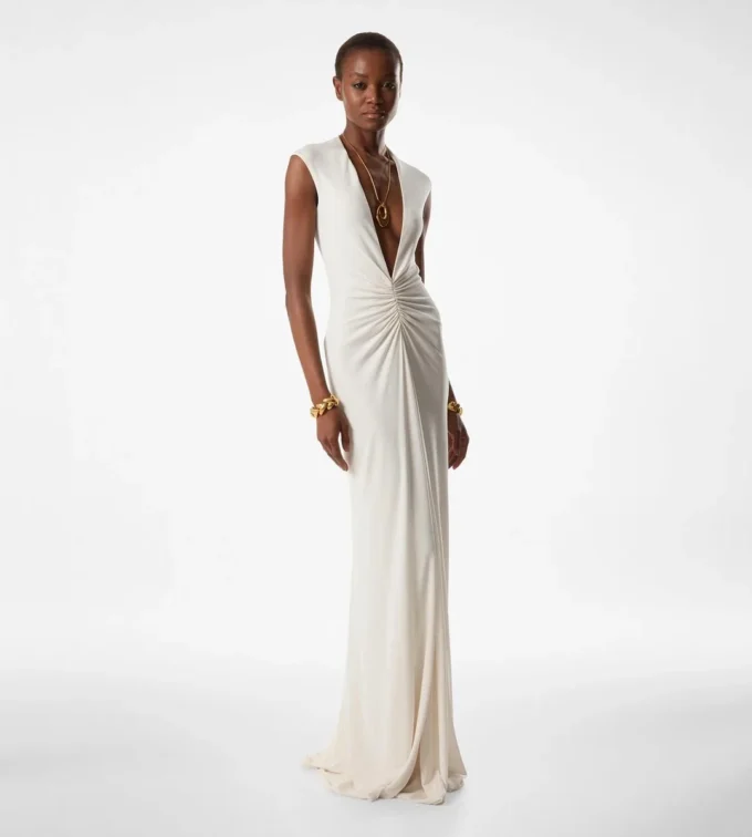 Stretch Sable’ Jersey avondjurk met diepe V-hals
