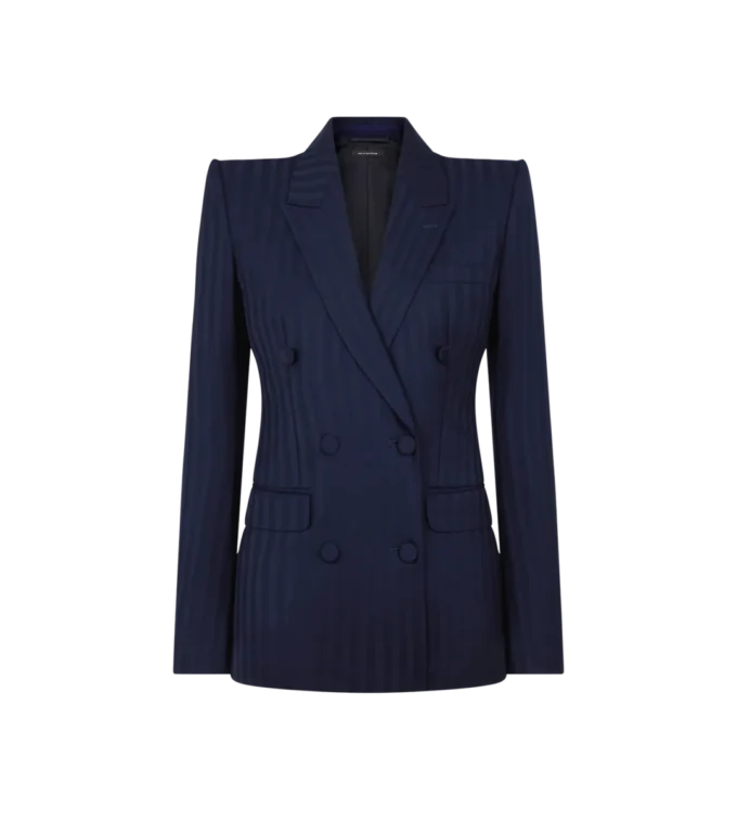Tonal Stripe Virgin Wool Double Breasted Peak Lapel Jacket Tonal Stripe Virgin Wool Double Breasted Peak Lapel Jacket