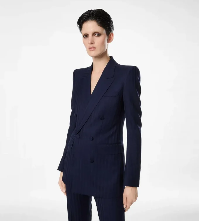 Tonal Stripe Virgin Wool Double Breasted Peak Lapel Jacket Tonal Stripe Virgin Wool Double Breasted Peak Lapel Jacket