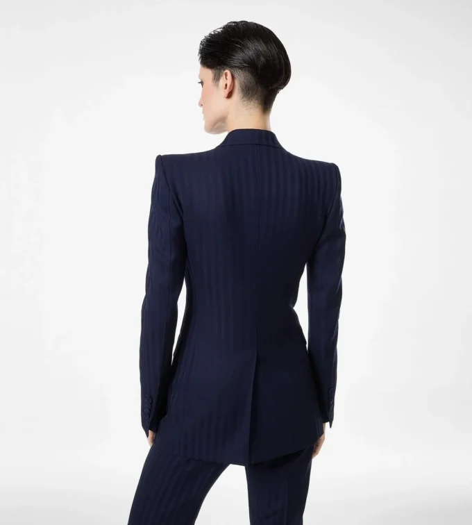 Tonal Stripe Virgin Wool Double Breasted Peak Lapel Jacket Tonal Stripe Virgin Wool Double Breasted Peak Lapel Jacket