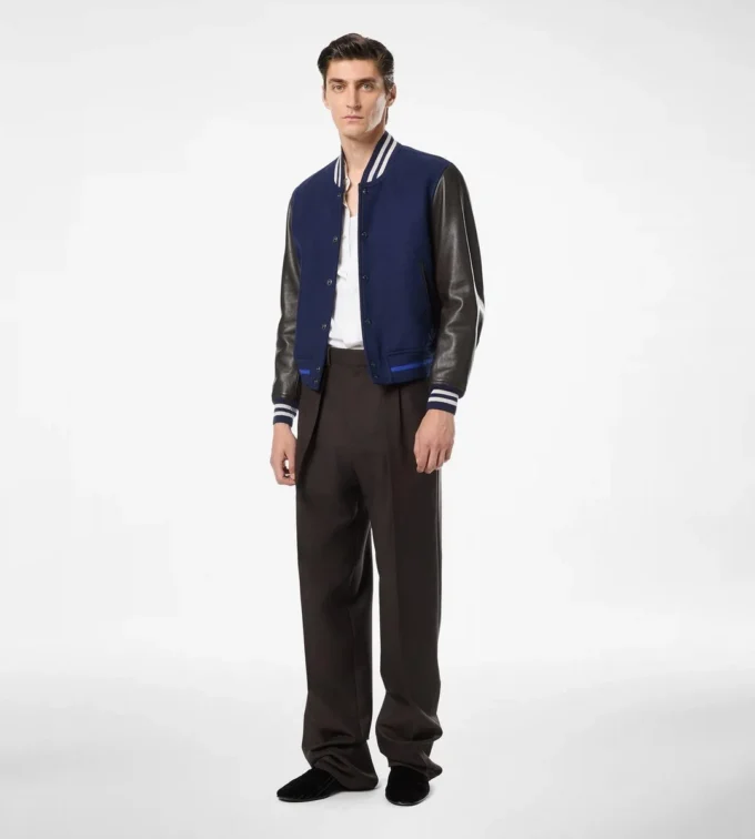 Varsity bomberjack met leren mouwen