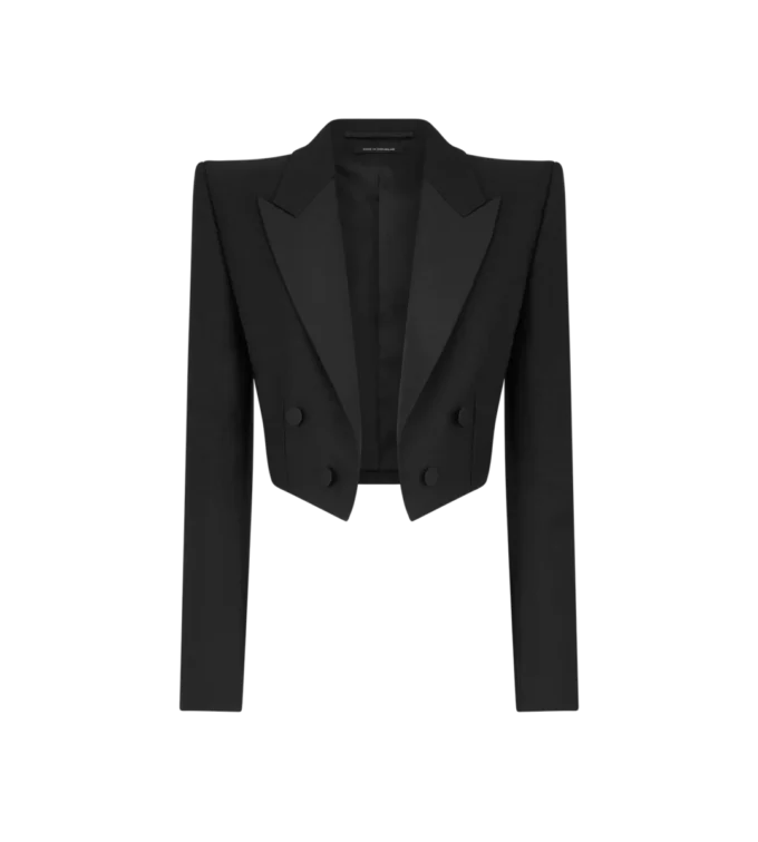 Wollen zijden mix double-breasted cropped smokingjasje Wollen zijden mix double-breasted cropped smokingjasje
