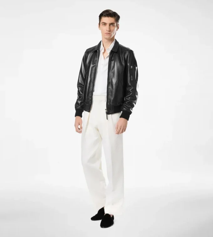 Zachte nappa blouson met plonge kraag