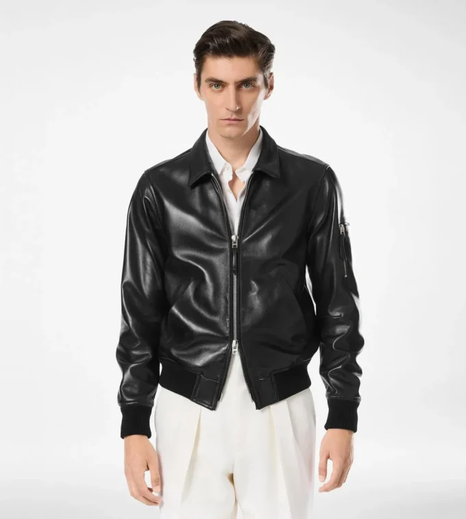 Zachte nappa blouson met plonge kraag