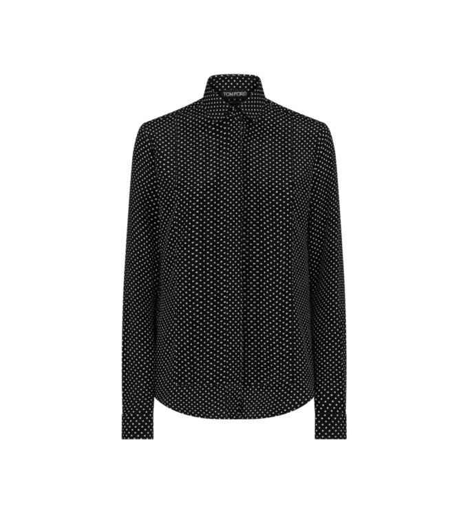 Zijden crêpe de chine shirt met stippen en geplisseerde plastron